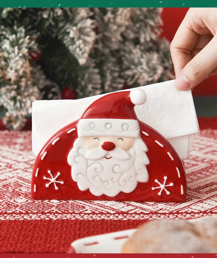 JUSTINLAU Santa Claus Napkin Holder Nordic Style Creative Ceramic Relief Christmas Tissue Holder Home Decoration for Xmas Gift