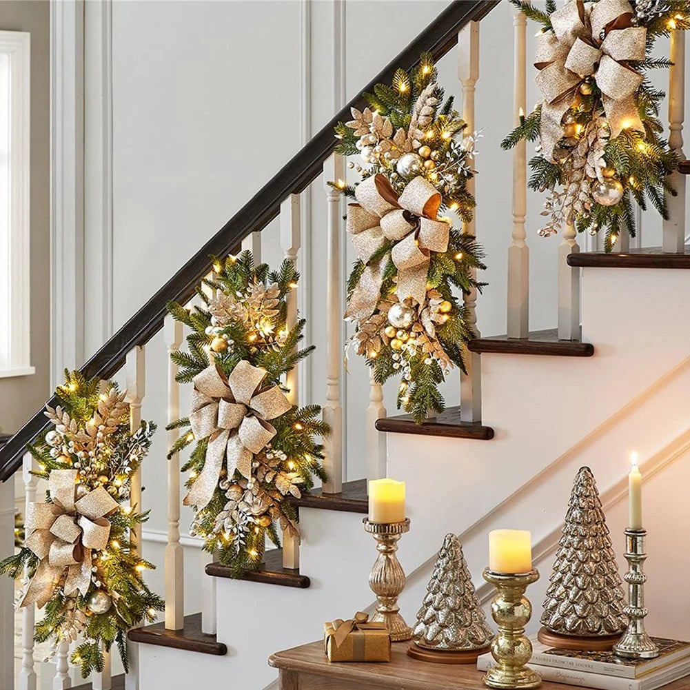 LED Artificial Garland Stair Wreath Prelit Christmas Wreath Garland Pine/Bow Light Up Cordless for Front Door Wall Window Stair