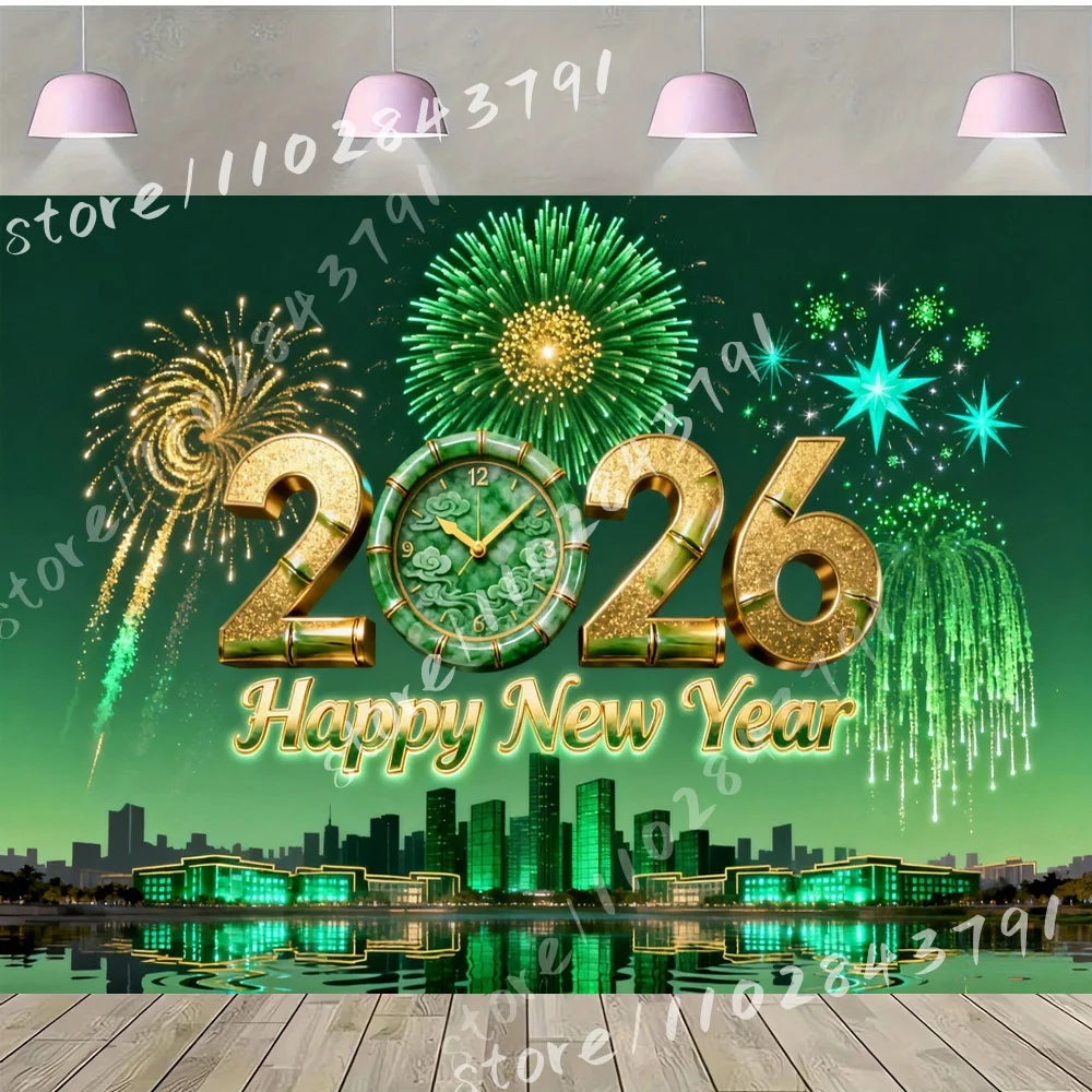 Celebration 2026 Happy New Year Vinyl Backdrop Photography Background with Purple Flowers Pocket Watch City Skyline