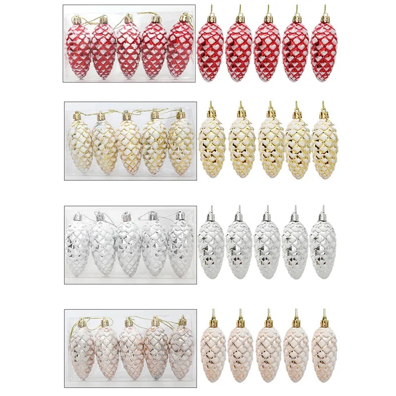 5Pcs Christmas Painted Pine Cone Balls Hanging Pendants Merry Christmas Tree Decoration for Home Xmas Ornament Gift