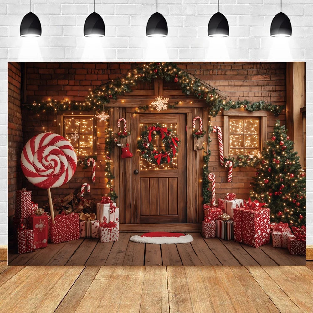 Christmas Photography Backdrop Xmas Tree Gift Toy Window Wood Door Kids Portrait Family Party Photo Background Decor Photostudio