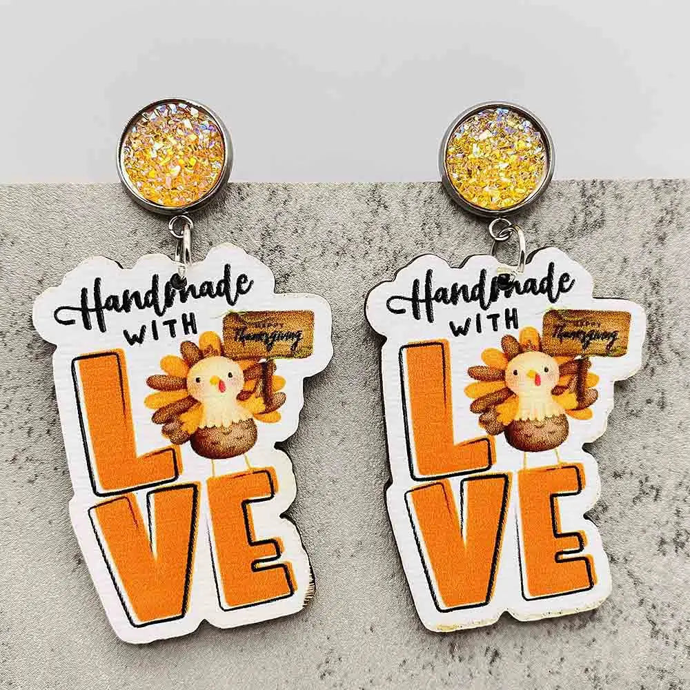 Autumn Thanksgiving Earrings Turkey Pumpkin Maple Leaf Wooden Earrings Women's Thanksgiving Festival Jewelry