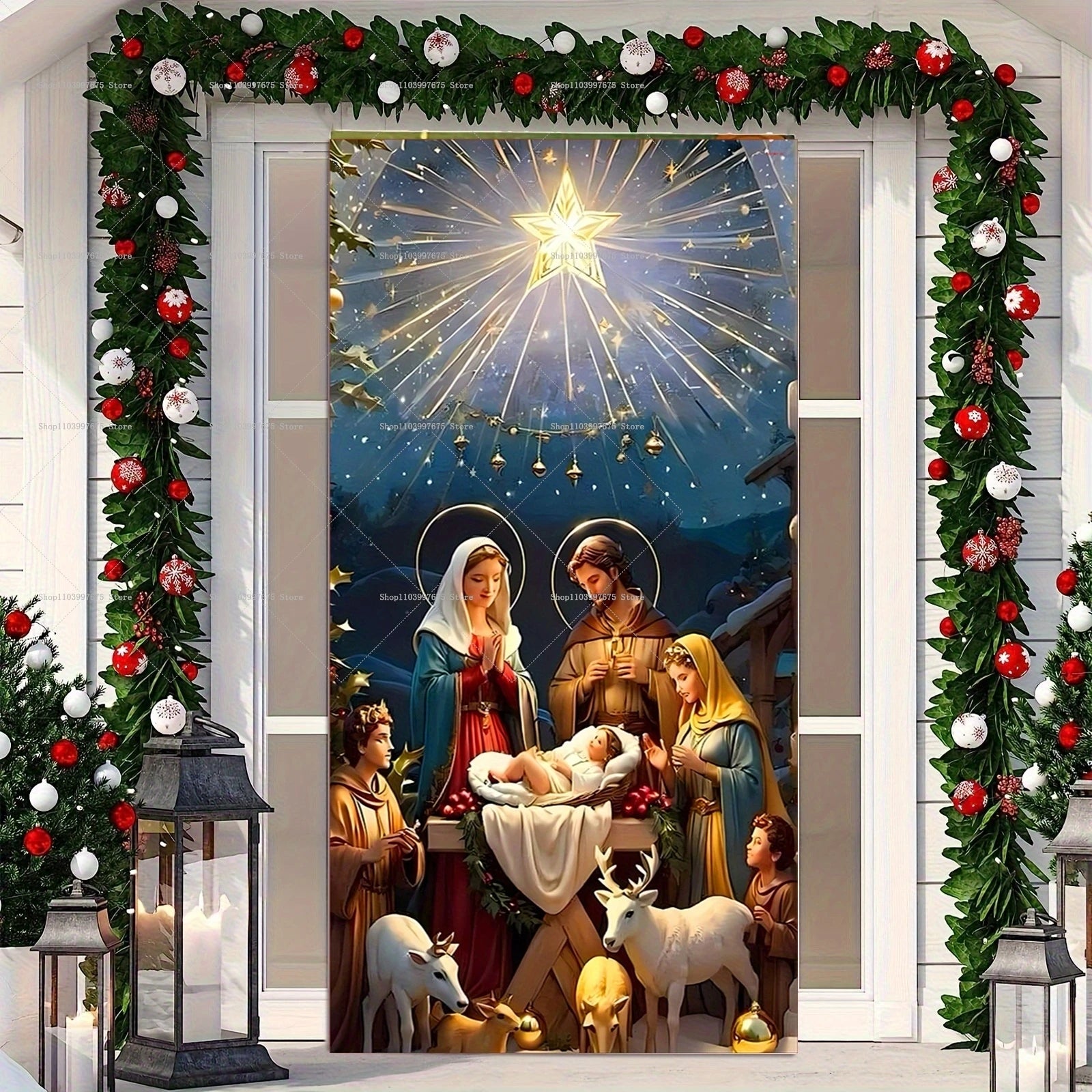 Christmas Nativity Scene Religious Door Banners Xmas Party Decorations Photography Backdrops Indoor Outdoor Decor Party Supplies
