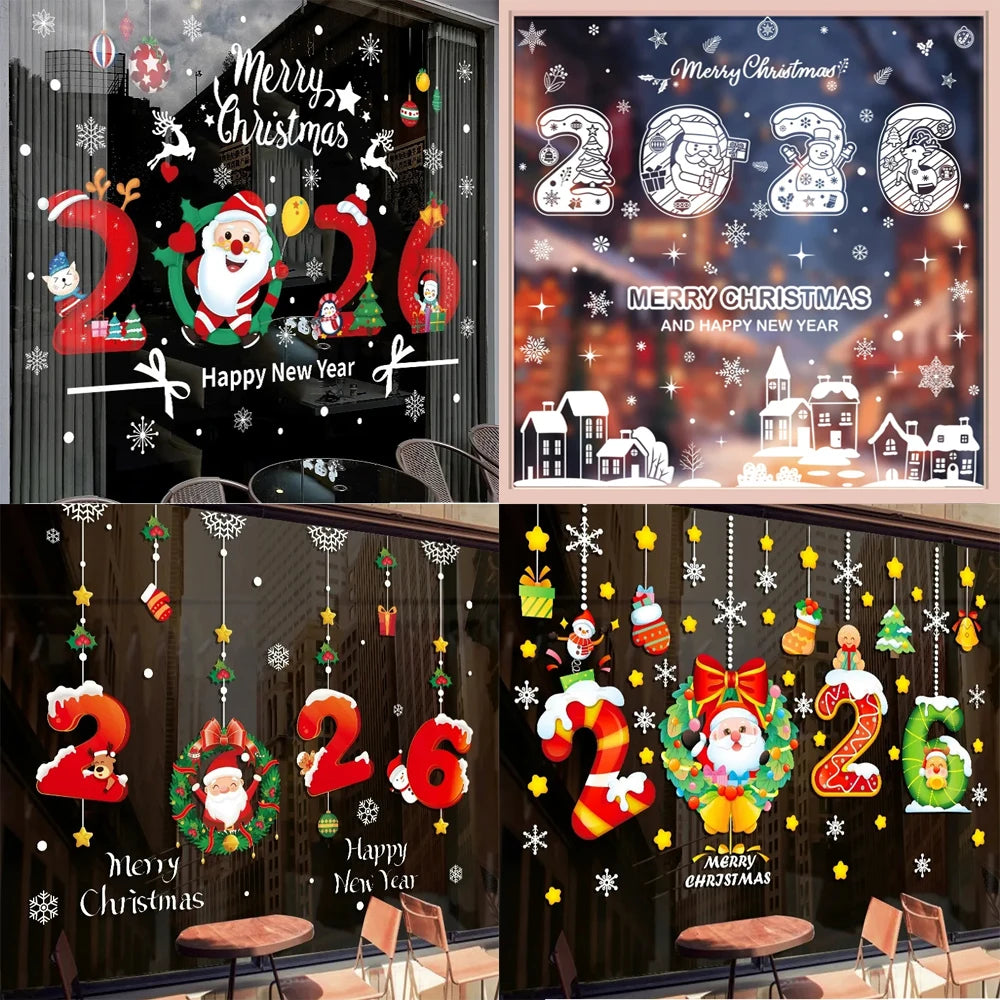 2026 Happy New Year Christmas Decorative Sticker Glass Window Static Sticker Merry Xmas Shopping Center Shop Decorative Sticker