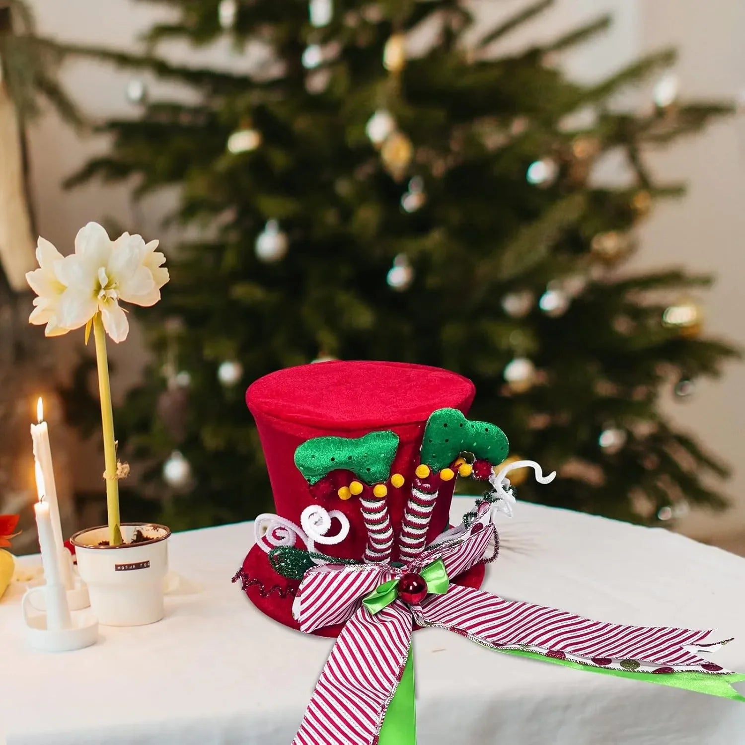 Christmas Tree Decorations Tree Top Star Striped Bow Tree Hat Sequin Christmas Tree Hat Hanging Decoration Christmas Decor