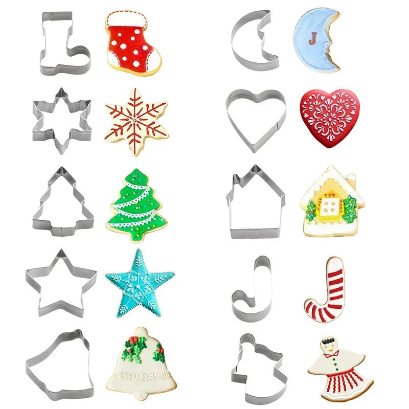 JUSTINLAU 10pcs Christmas Cookie Cutter Set Stainless Steel Gingerbread Xmas Tree Fondant DIY Baking Mold for Holiday Party Gift