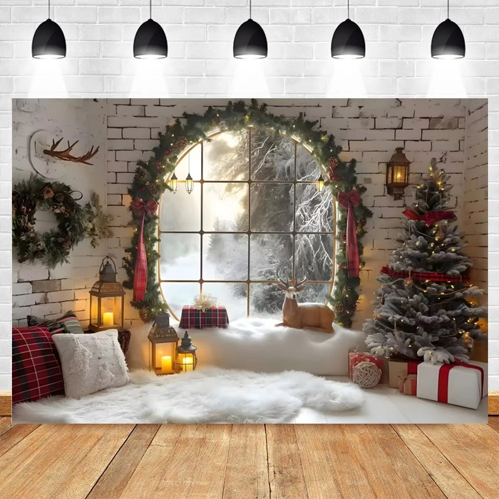 Christmas Photography Backdrop Xmas Tree Gift Toy Window Wood Door Kids Portrait Family Party Photo Background Decor Photostudio