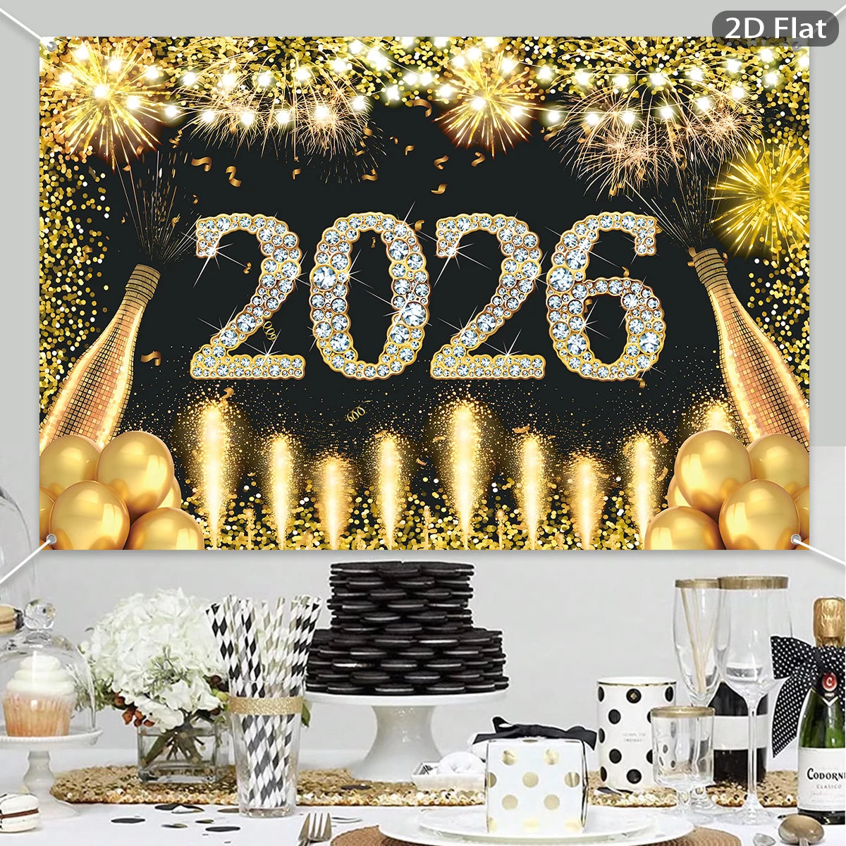 Black Gold New Year Backdrop Banner 2026 Happy New Year Christmas Party Background Decoration Gifts New Year Party Supplies