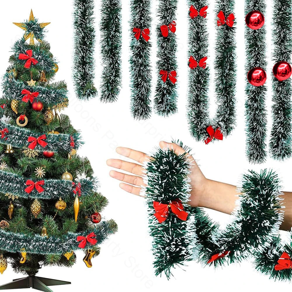 Christmas Garland Decorations 6.5FT Green Christmas Hanging Garland Red Bows Balls Ornaments Xmas Tree Home Party Decor New Year