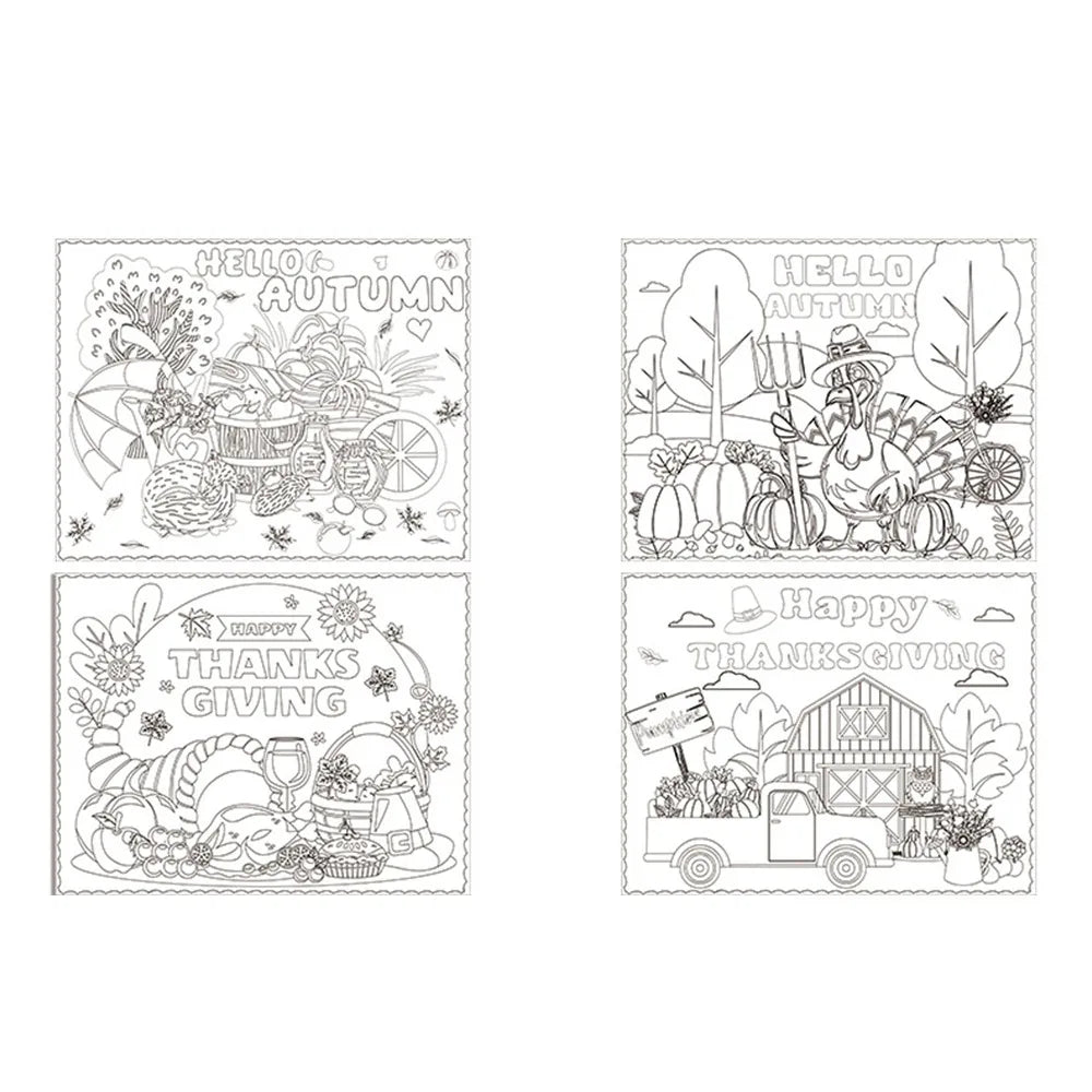 8pcs Hand-painted Thanksgiving Placemat Turkey Pumpkin Cup Plate Mat DIY Paper Placemat Turkey Design Paper Material