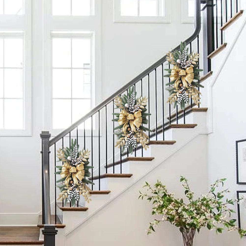 LED Artificial Garland Stair Wreath Prelit Christmas Wreath Garland Pine/Bow Light Up Cordless for Front Door Wall Window Stair