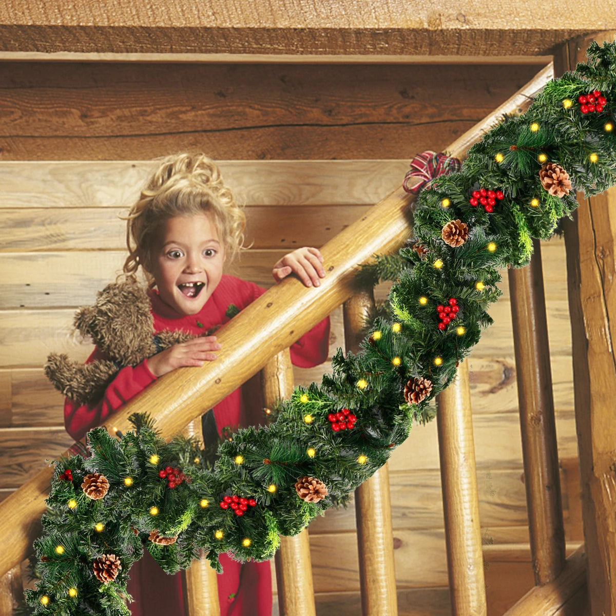 Christmas Decoration 2.7m Rattan With LED Lights Artificial Pine Cone Christmas Garland For Staircase Fireplace Hanging Decor