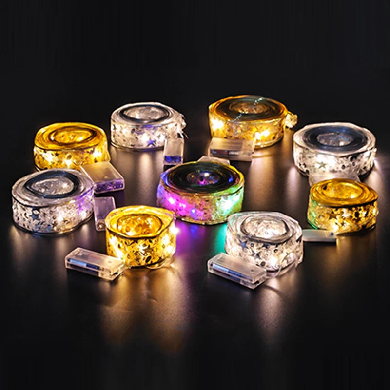 1-10M Christmas luminous lights decoration golden Ribbon Fairy String Lights for Home Party Christmas tree supplies decor