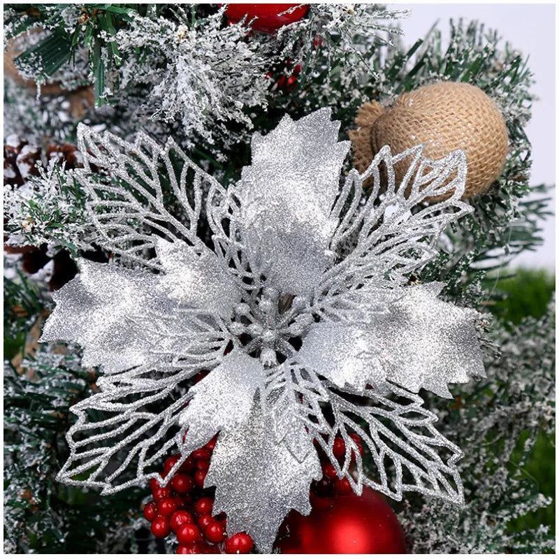 9cm Glitter Artifical Christmas Flowers Christmas Tree Wreath Decorations Fake Flowers Xmas Garland Ornaments New Year 2024