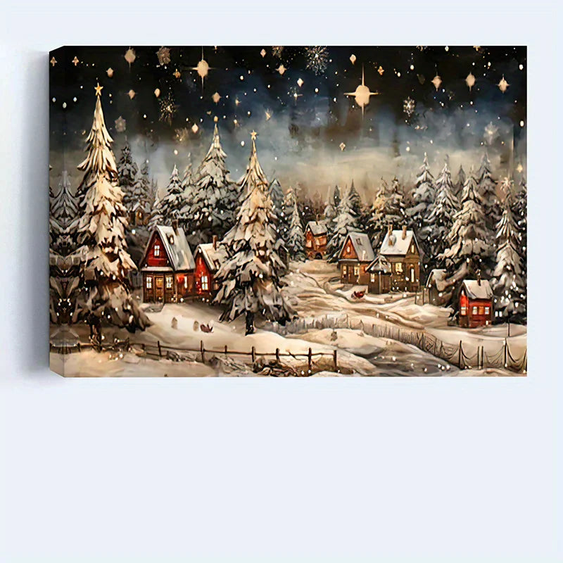 1PC Charming Farmhouse Winter Village Night View - Framed Canvas Wall Art Christmas Decorations and Holiday Gifts Framed