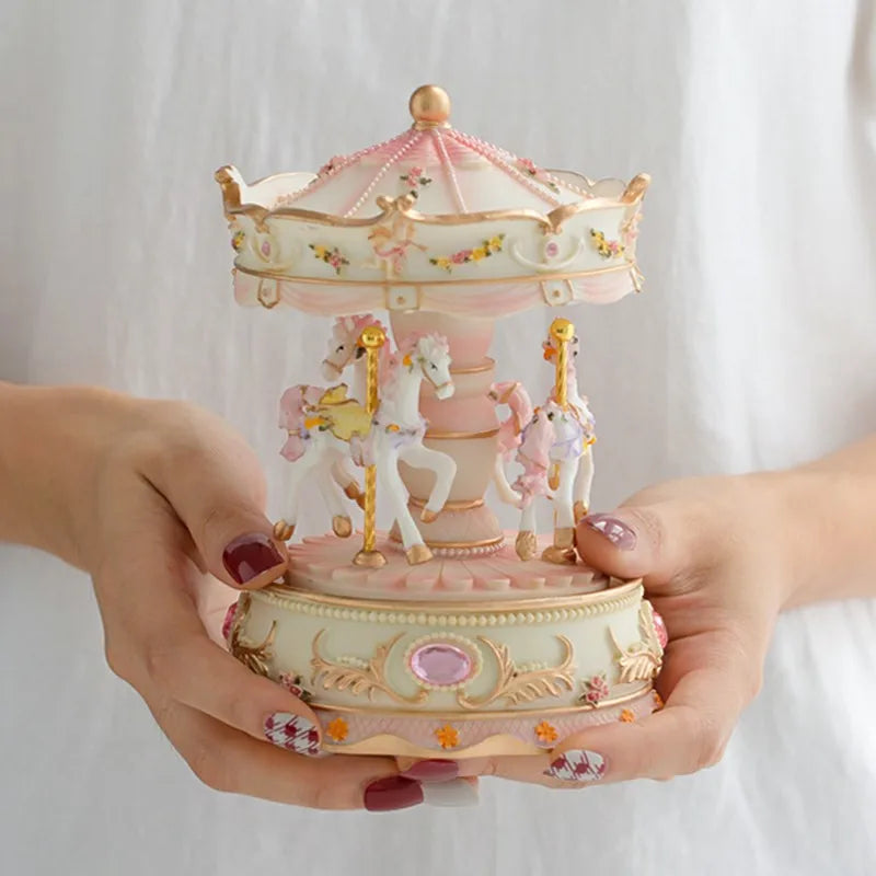 Rotatable LED Christmas Carousel Statue Music Box Decoration Table Centerpiece for Birthday Valentine's Day Children Xmas Gifts