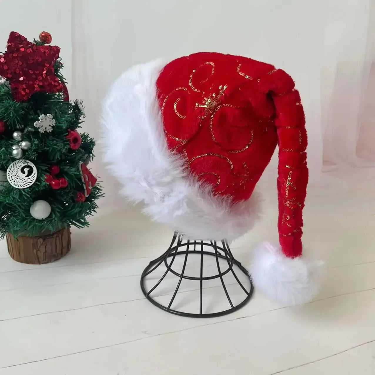 Black and White Fur Plush Hat for Adults and Children, Christmas Cap, Xmas Party, Home Decoration, High Quality
