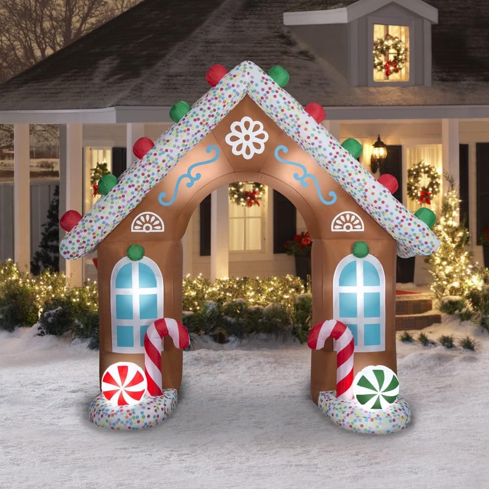 Christmas Inflatable Gingerbread House with LED Lights Candy Arch Inflatables for Outdoor Yard Lawn Holiday Party Decoration