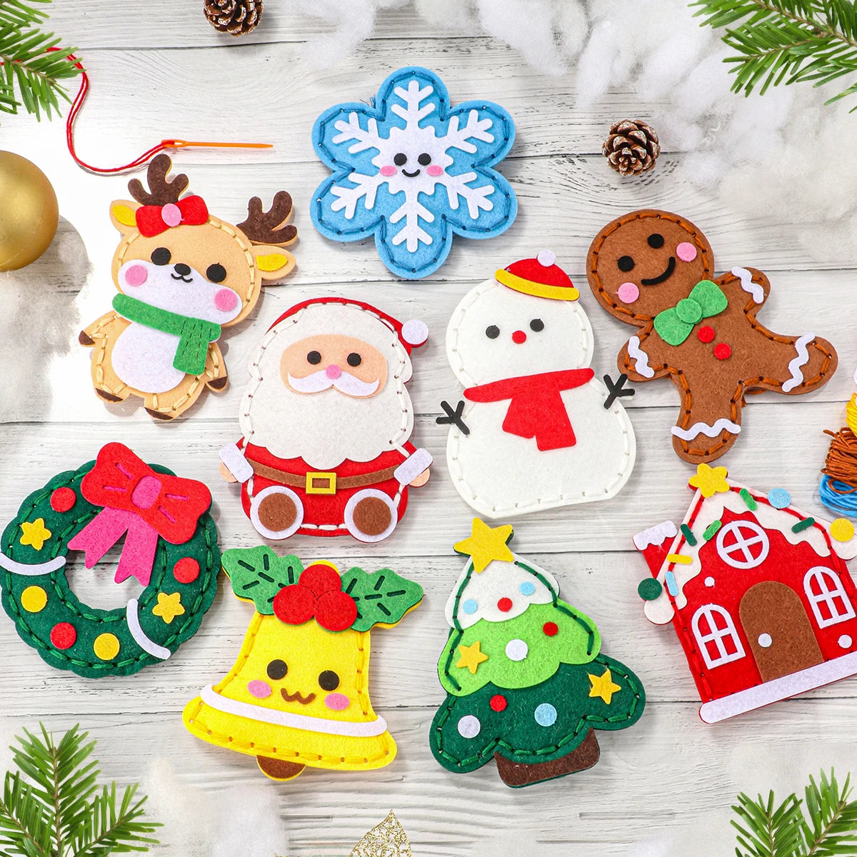 9-piece DIY Christmas sewing material pack for beginners; easy to make Christmas tree ornaments including gingerbread man, reind