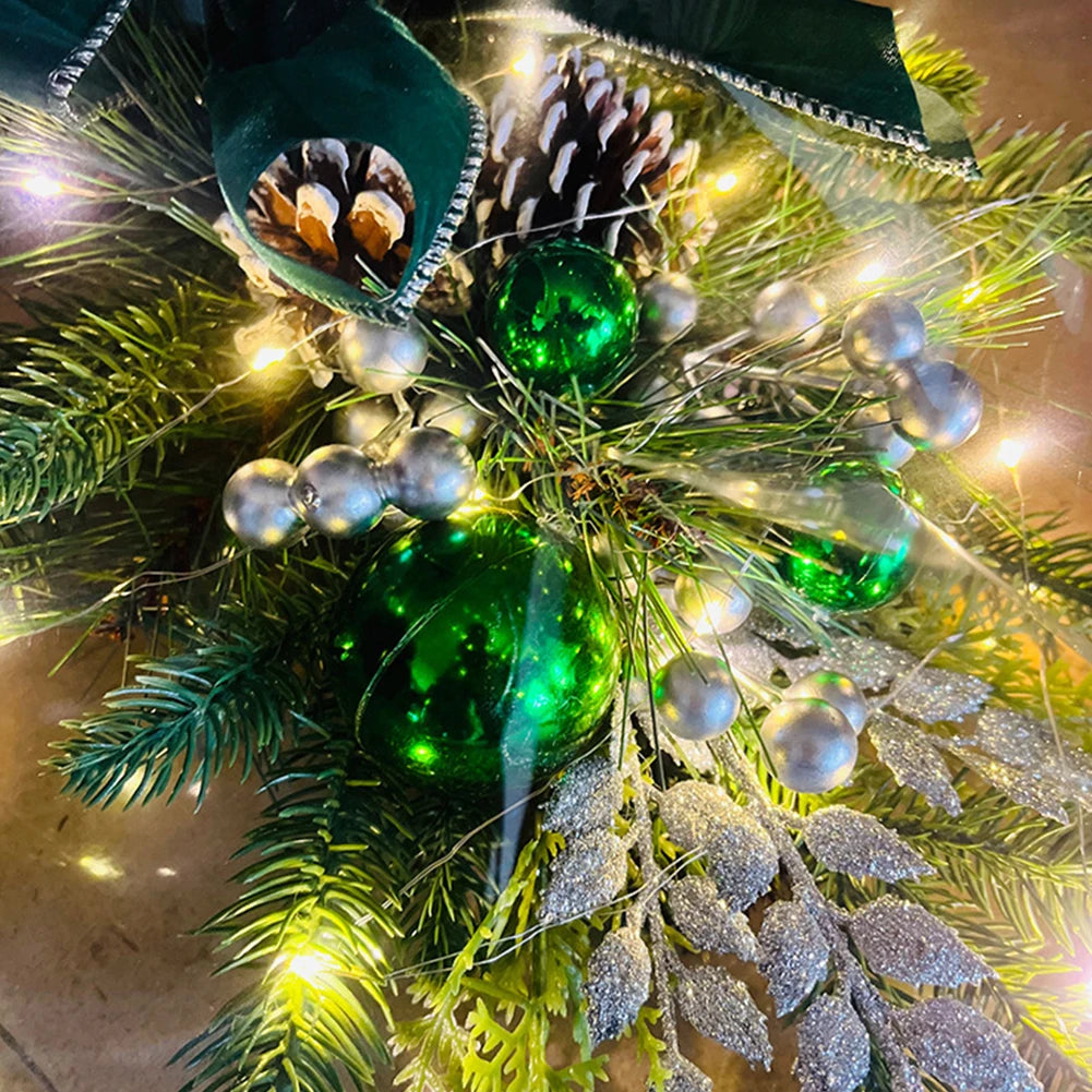 LED Artificial Garland Stair Wreath Prelit Christmas Wreath Garland Pine/Bow Light Up Cordless for Front Door Wall Window Stair