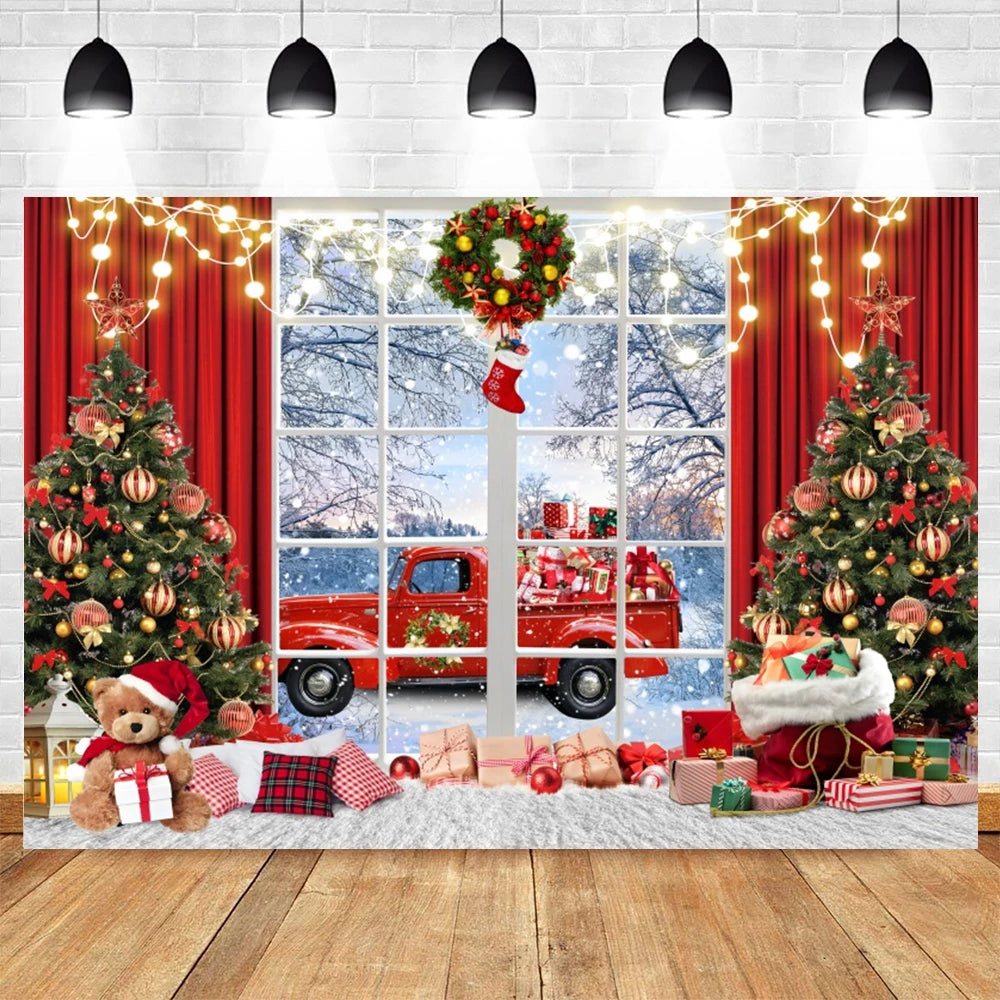 Christmas Photography Backdrop Xmas Tree Gift Toy Window Wood Door Kids Portrait Family Party Photo Background Decor Photostudio