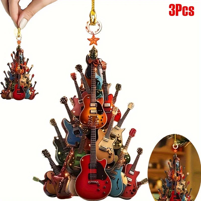 3pcs 2026 New Years Christmas Guitar Hanging Ornaments 2D Flat Acrylic Xmas Tree Pendant Festival Supplies Pendant Decor Gift