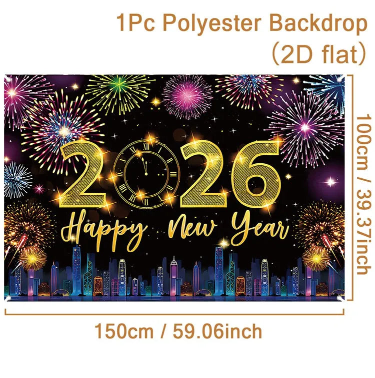 Black Gold New Year Backdrop Banner 2026 Happy New Year Christmas Party Background Decoration Gifts New Year Party Supplies