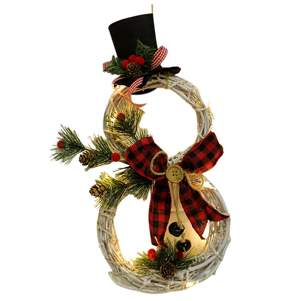 Christmas Snowman Wreath Garland Led Light Door Decoration Artificial Home Window Wall Background Door Hanging Luminous Ornament