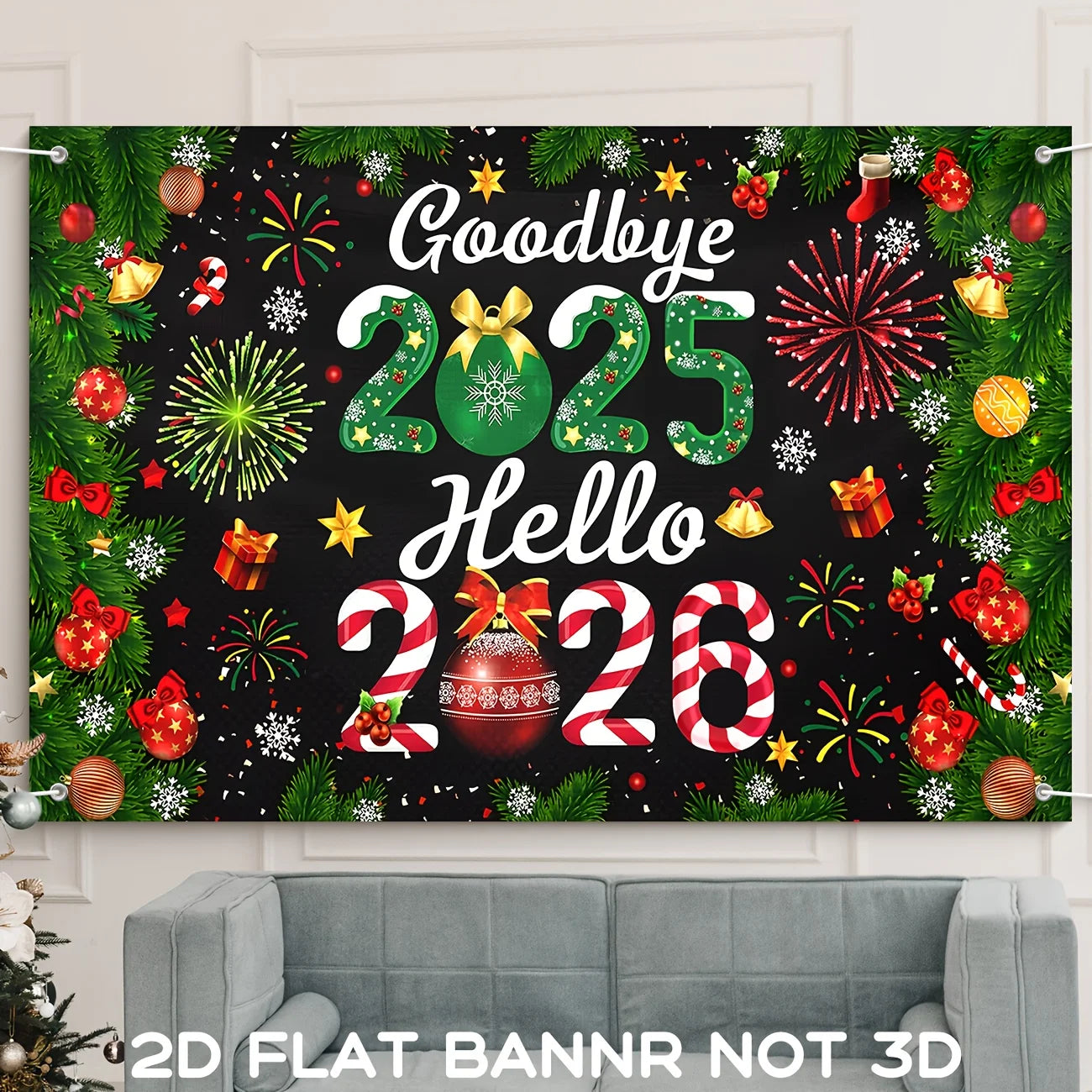 Christmas Decorations Goodbye 2025 Hello 2026 Party Banner Peppermint Candy New Year Eve Banner Happy 2026 New Years Eve Party S