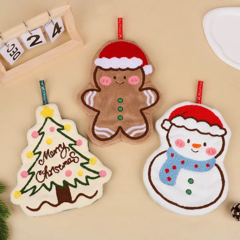 1/3Pcs Christmas Cartoon Hand Towel Gingerbread Man Snowman Tree Design Coral Fleece Hanging Towels Home Kitchen Bathroom Decor