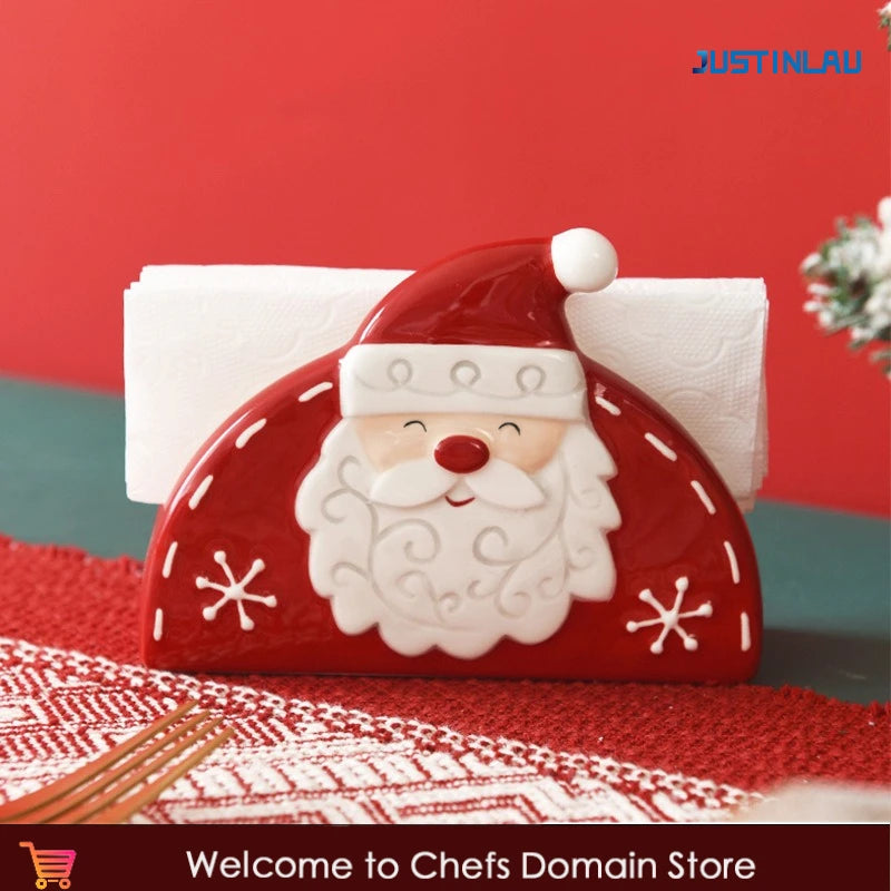 JUSTINLAU Santa Claus Napkin Holder Nordic Style Creative Ceramic Relief Christmas Tissue Holder Home Decoration for Xmas Gift