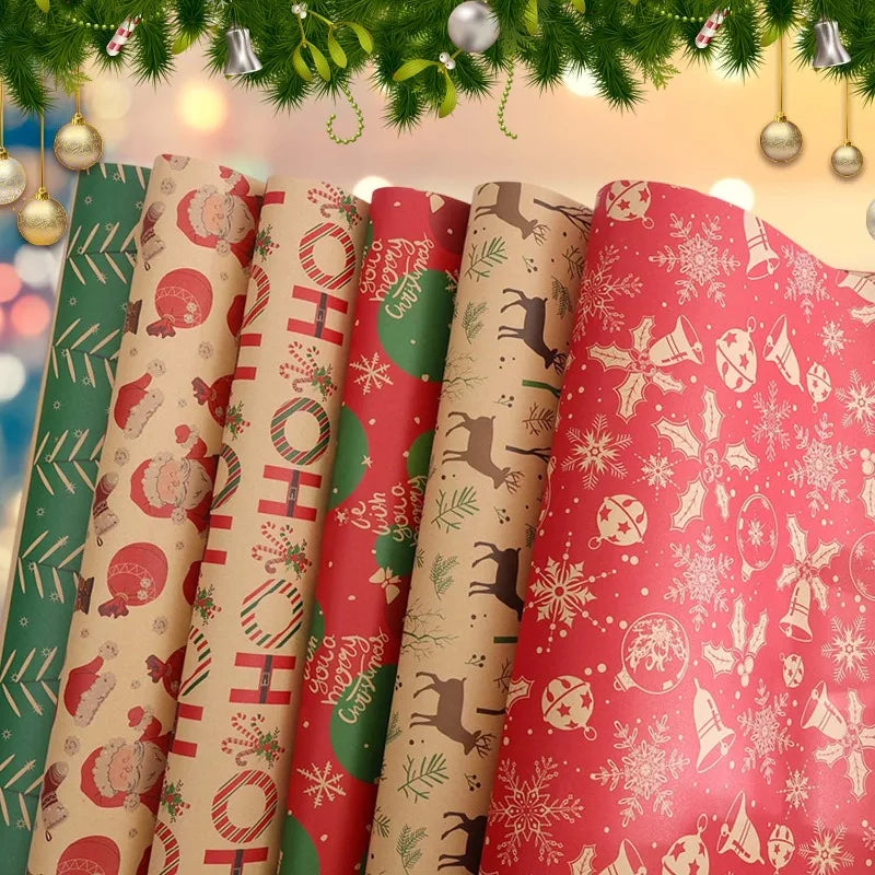 Christmas Kraft Wrapping Paper Cartoon Xmas Tree Santa Claus Gifts Packaging Paper DIY Craft Home Party Decoration Background
