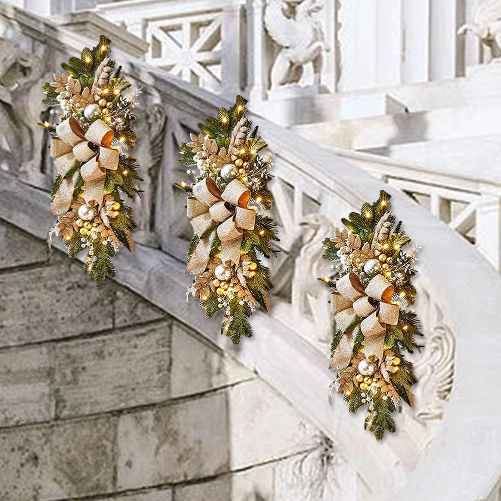 LED Artificial Garland Stair Wreath Prelit Christmas Wreath Garland Pine/Bow Light Up Cordless for Front Door Wall Window Stair