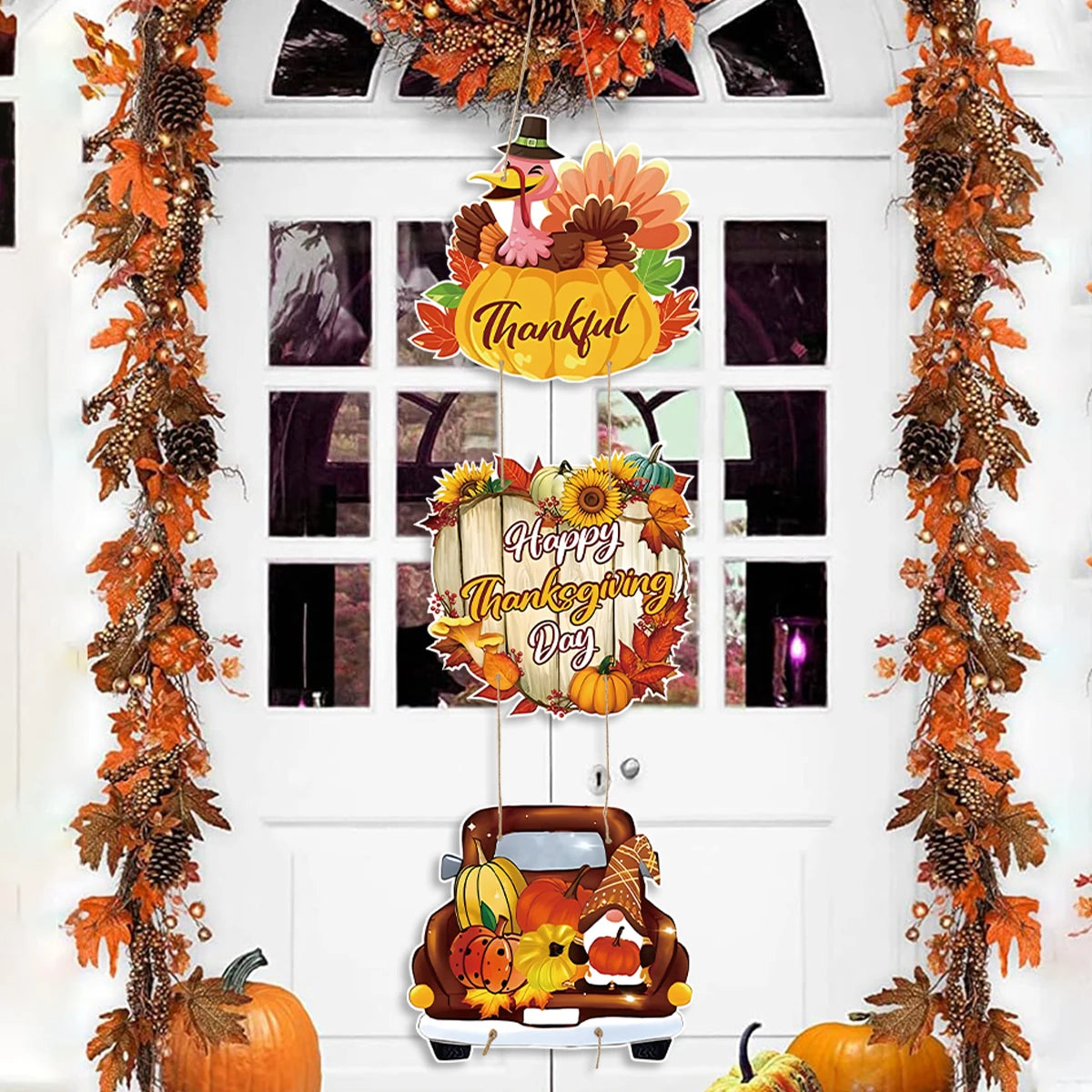 Happy Thanksgiving Day Door Banner Autumn Vine Wreath Dwarf Doll Ornament Gnomes Decorations for Home Tiered Tray Tabletop Decor