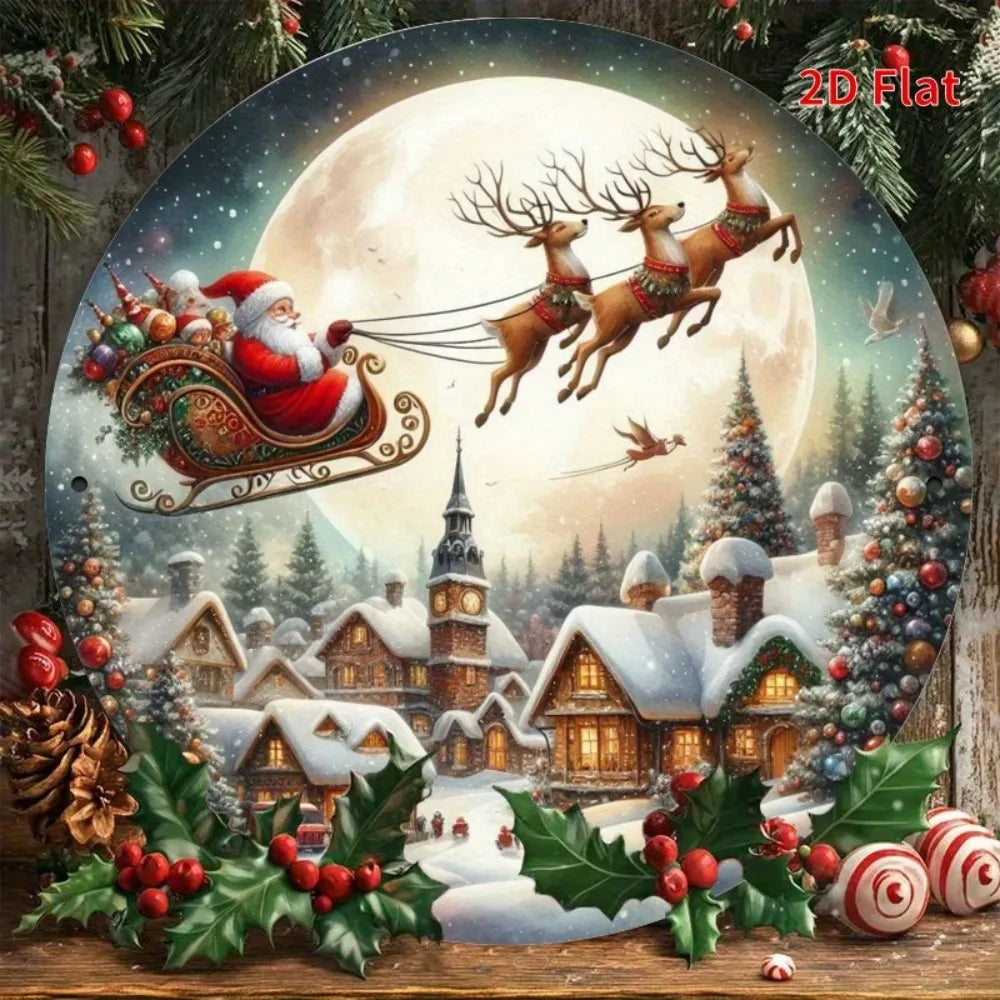 Vintage Santa Claus Sleigh Metal Wall Decor - 2D Flat Christmas Decoration with Reindeer Winter Village