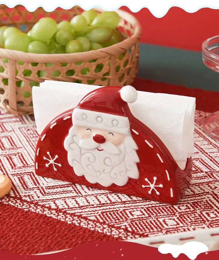 JUSTINLAU Santa Claus Napkin Holder Nordic Style Creative Ceramic Relief Christmas Tissue Holder Home Decoration for Xmas Gift