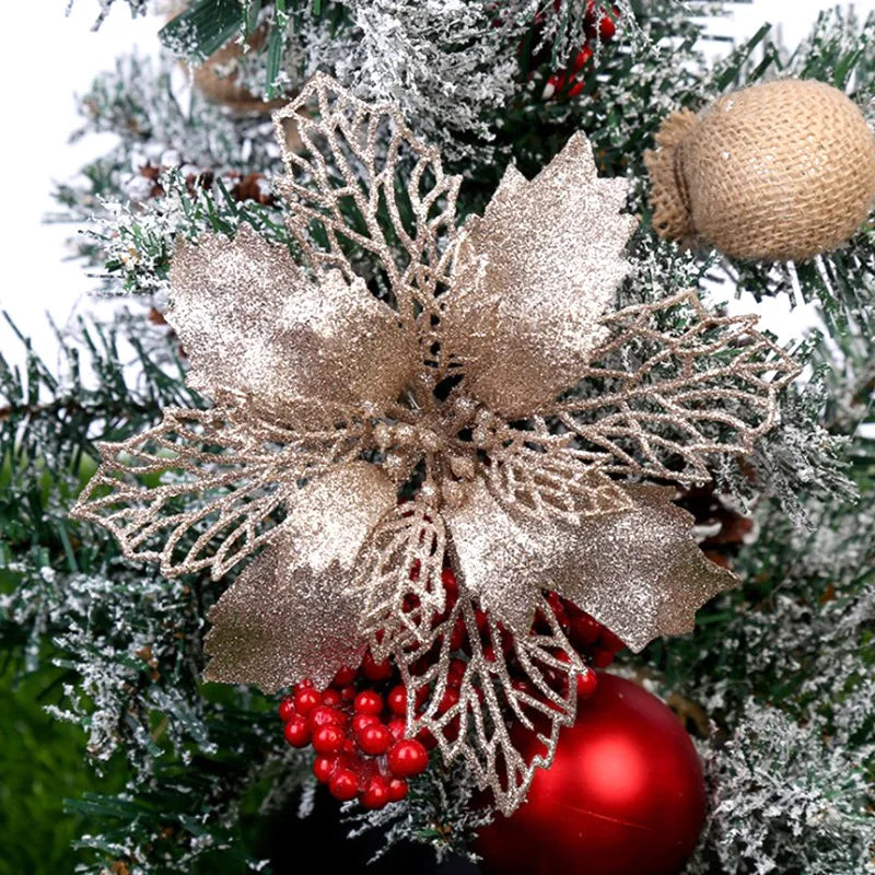9cm Glitter Artifical Christmas Flowers Christmas Tree Wreath Decorations Fake Flowers Xmas Garland Ornaments New Year 2024