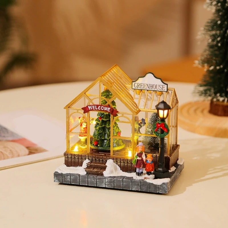 Christmas Musical Greenhouse Ornament with LED Lighting and Rotating Tree Figurines Statue Animated Village Ornament