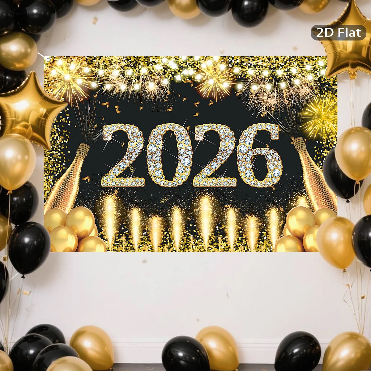 Black Gold New Year Backdrop Banner 2026 Happy New Year Christmas Party Background Decoration Gifts New Year Party Supplies