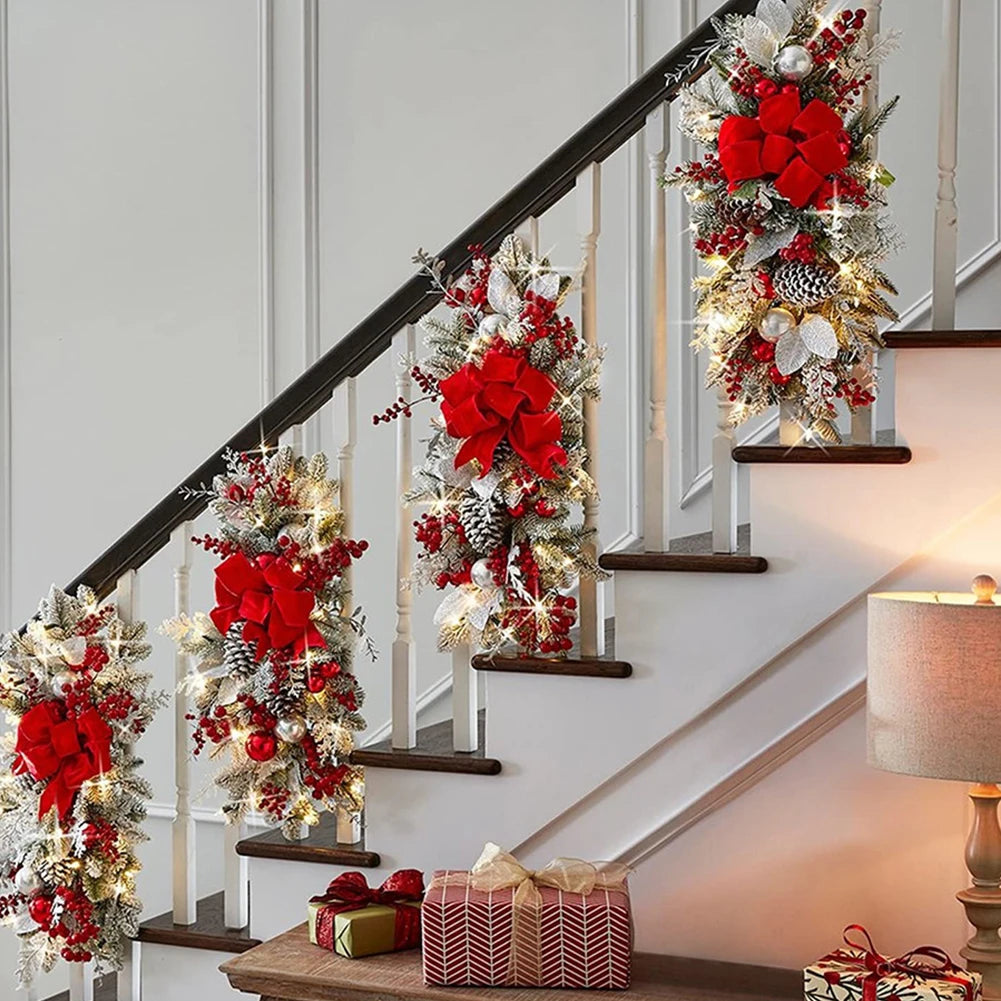 LED Artificial Garland Stair Wreath Prelit Christmas Wreath Garland Pine/Bow Light Up Cordless for Front Door Wall Window Stair