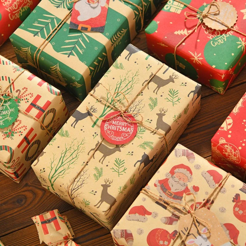 Christmas Kraft Wrapping Paper Cartoon Xmas Tree Santa Claus Gifts Packaging Paper DIY Craft Home Party Decoration Background
