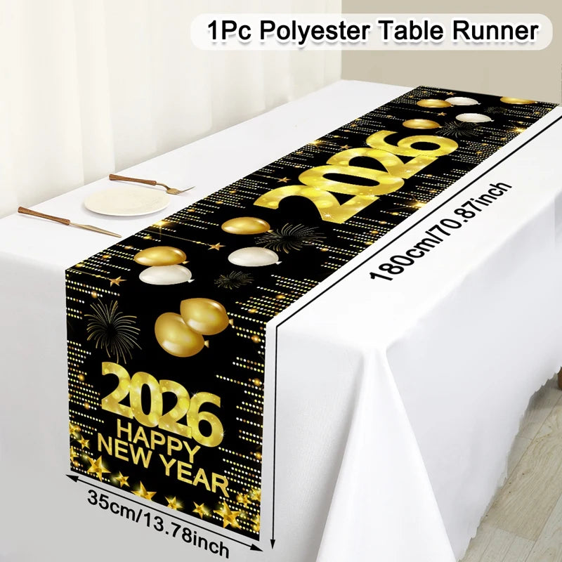 New Year Table Runner Black Gold Glitter New Years Eve Table Cover 2026 Happy New Year Party Table Decorations for Home Party