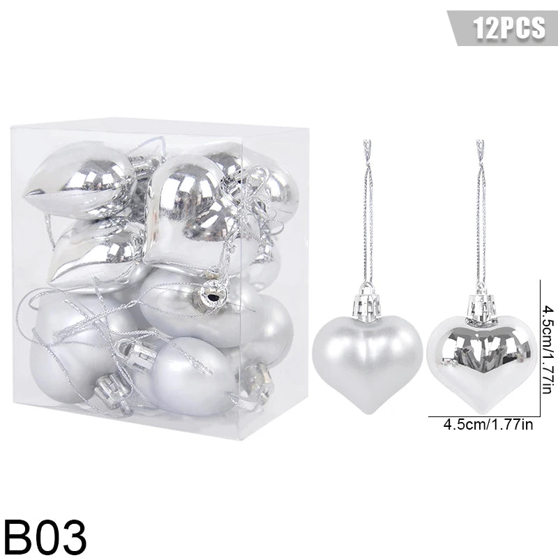 12Pcs Christmas Pendant Star Heart Shape Hanging Ornaments Xmas Tree Ball Decor Christmas Party Decoration Navidad New Year 2025