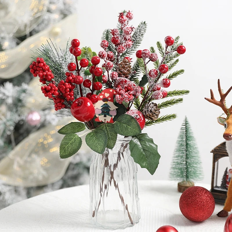 Christmas Decorations Red Berry Artificial Pine Bouquet Branch Xmas Tree Ornament Home Decor New Year 2025 DIY Gifts Accessories