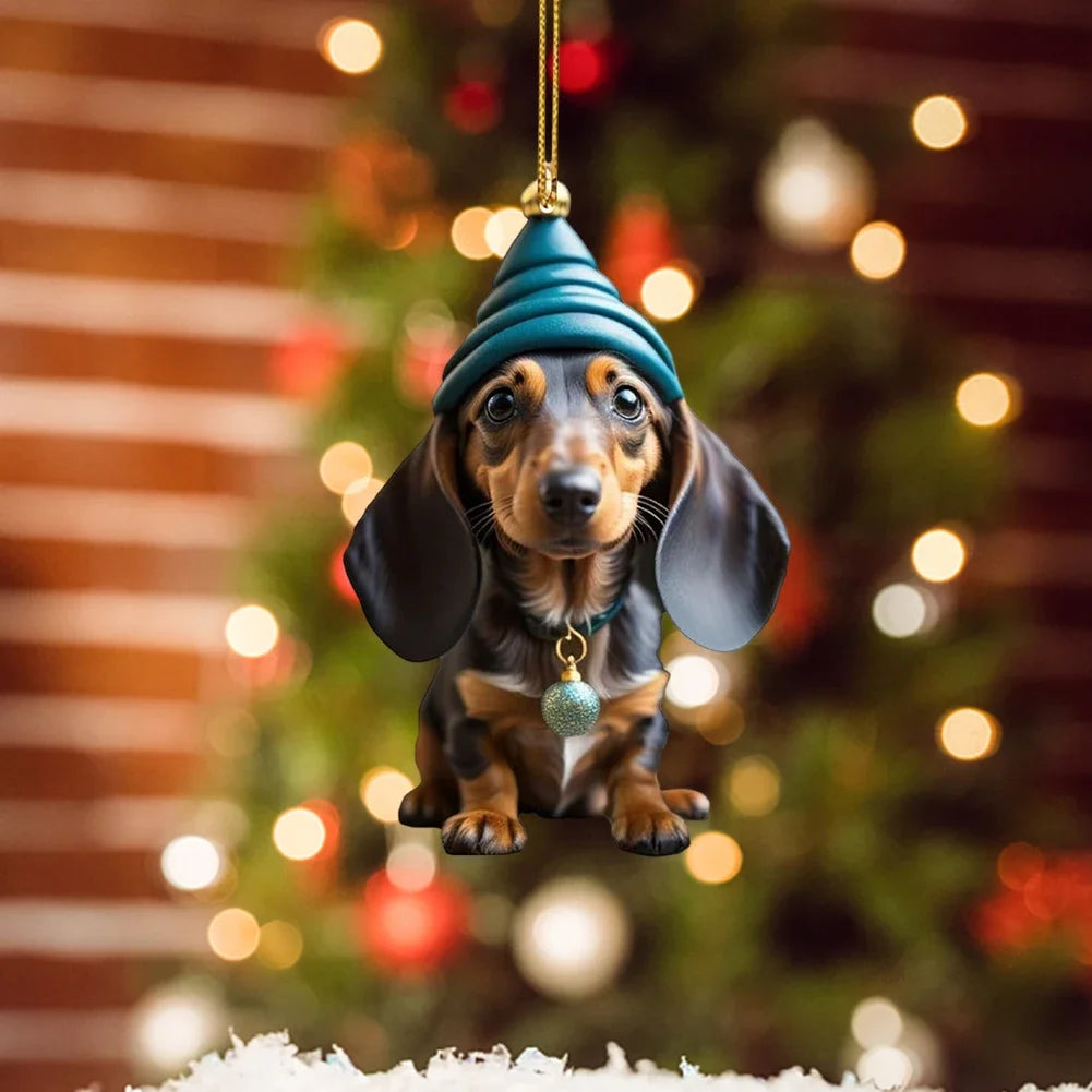 Christmas Hanging Dog Decor Acrylic Dog Figurines Decor Funny Puppy Pendant Xmas Tree Backpack Car Interior Decor