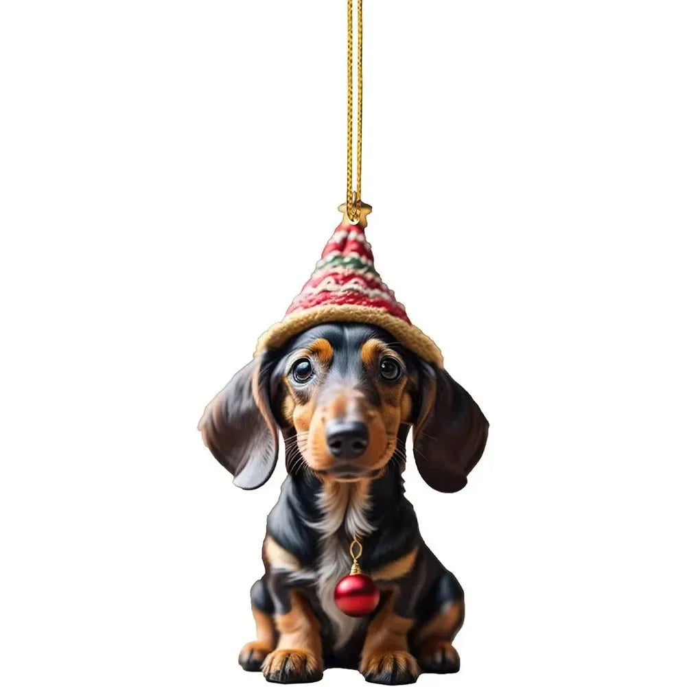 Christmas Hanging Dog Decor Acrylic Dog Figurines Decor Funny Puppy Pendant Xmas Tree Backpack Car Interior Decor