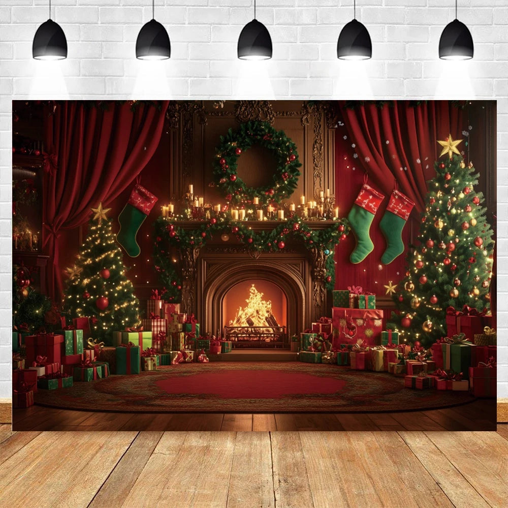 Christmas Photography Backdrop Xmas Tree Gift Toy Window Wood Door Kids Portrait Family Party Photo Background Decor Photostudio